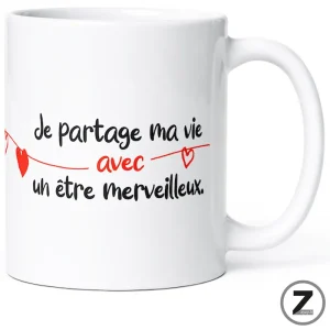 mug humour JE PARTAGE MA VIE AVEC UN ÊTRE MERVEILLEUX