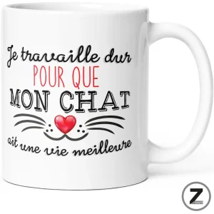 mug humour JE TRAVAILLE DUR POUR QUE MON CHAT AIT UNE VIE MEILLEURE